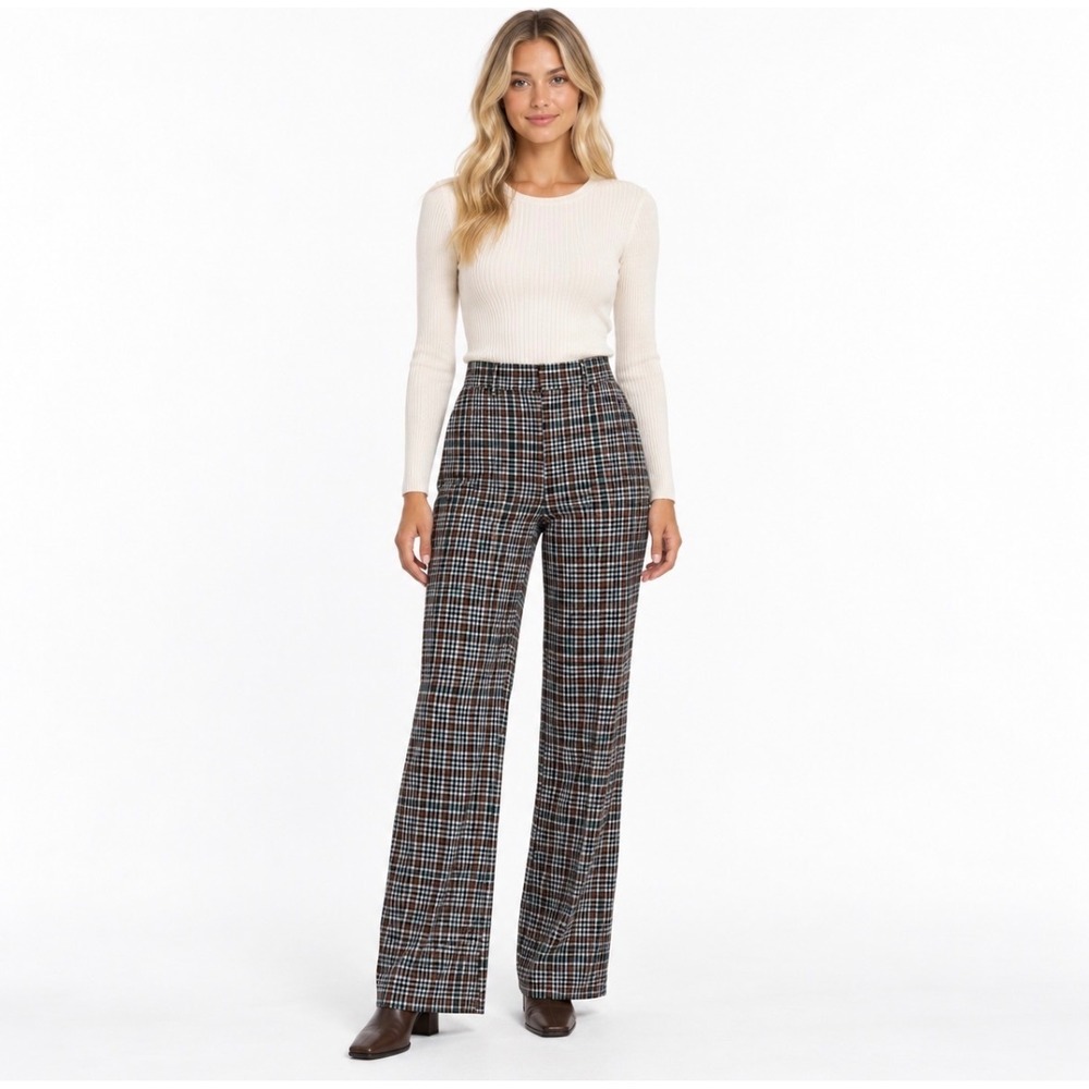 Free People Plaid High Rise Flare Wide Leg Trousers Brown Blue Size 4 OB1417495